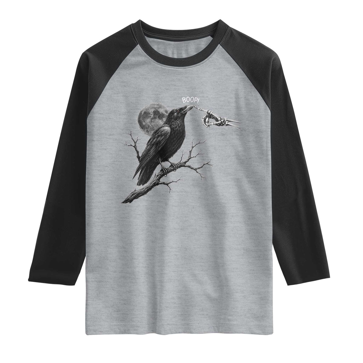 Skeleton Hand Boop Raven Raglan Shirt Funny Spooky Halloween Crow Moon Graphic TS10 Heather Gray Black Print Your Wear