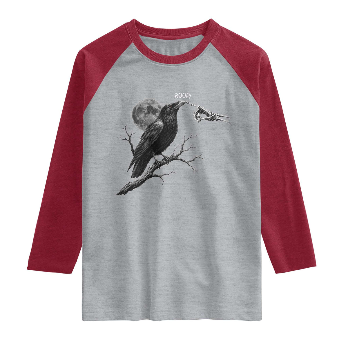 Skeleton Hand Boop Raven Raglan Shirt Funny Spooky Halloween Crow Moon Graphic TS10 Heather Gray Heather Red Print Your Wear