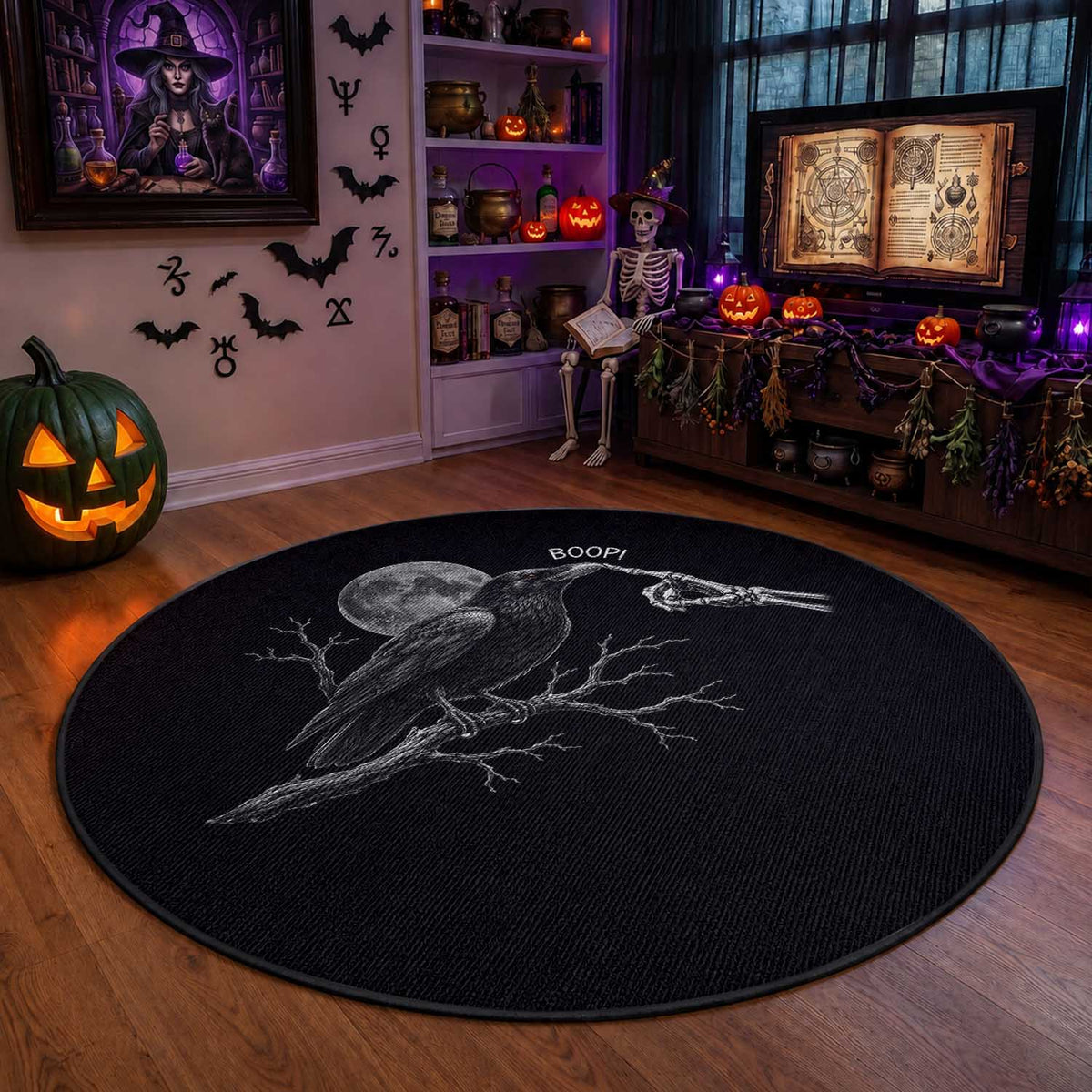 Skeleton Hand Boop Raven Round Rug Funny Spooky Halloween Crow Moon Graphic