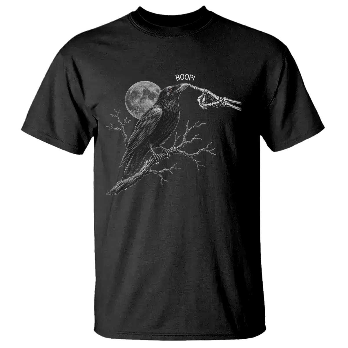 Skeleton Hand Boop Raven T Shirt Funny Spooky Halloween Crow Moon Graphic TS10 Black Print Your Wear