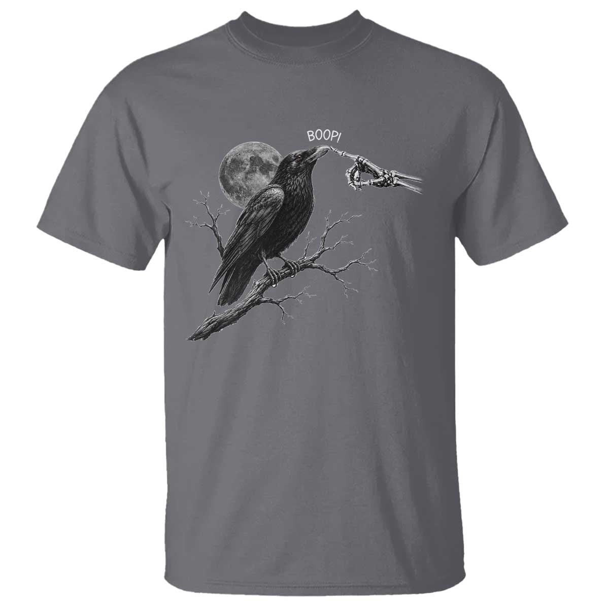 Skeleton Hand Boop Raven T Shirt Funny Spooky Halloween Crow Moon Graphic TS10 Charcoal Print Your Wear