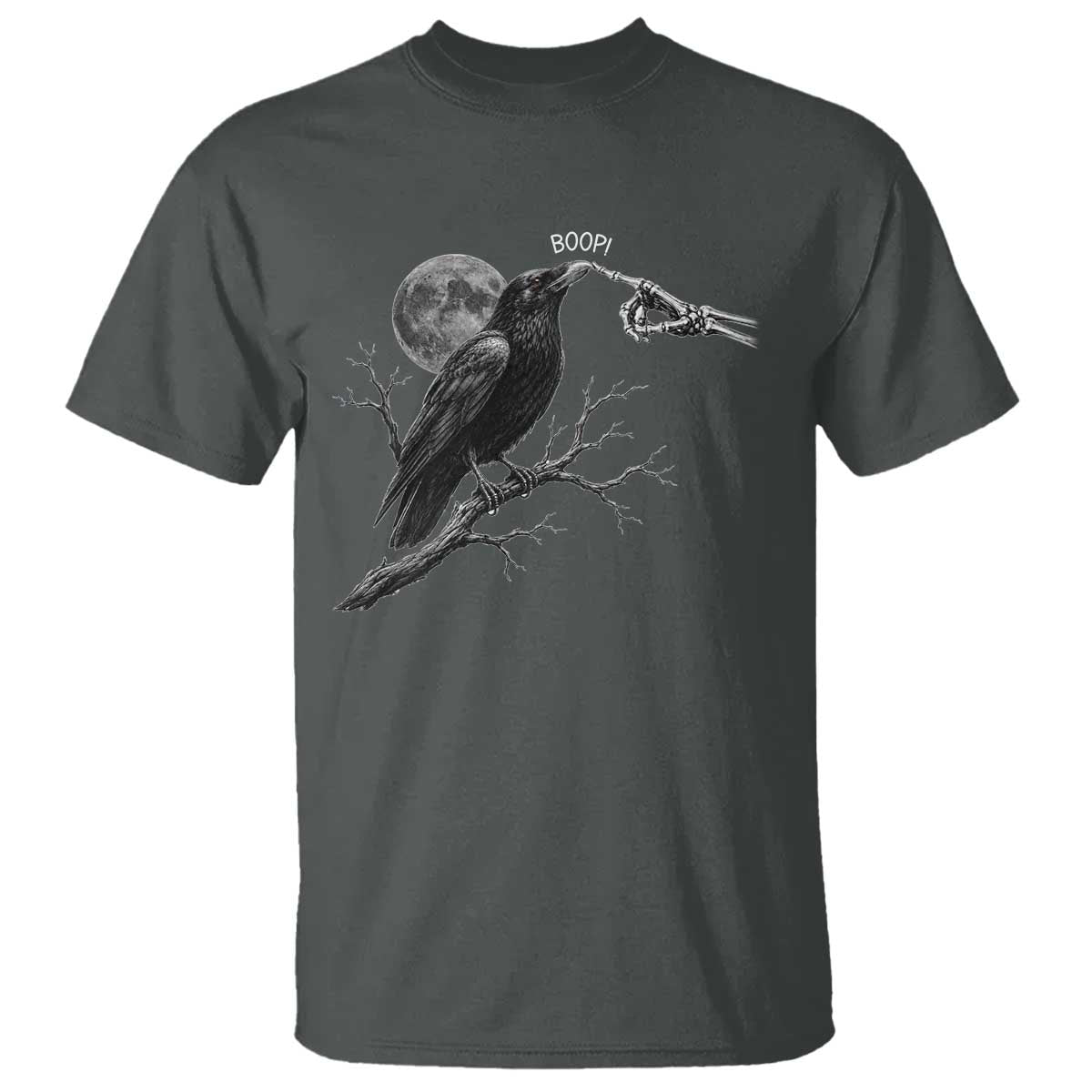 Skeleton Hand Boop Raven T Shirt Funny Spooky Halloween Crow Moon Graphic TS10 Dark Heather Print Your Wear