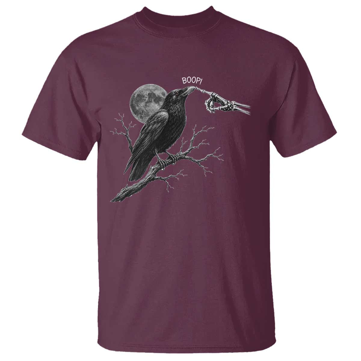 Skeleton Hand Boop Raven T Shirt Funny Spooky Halloween Crow Moon Graphic TS10 Maroon Print Your Wear