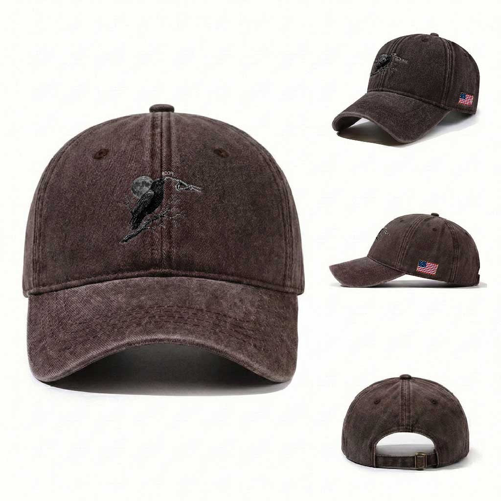 Skeleton Hand Boop Raven Washed Cotton Baseball Cap Funny Spooky Halloween Crow Moon Graphic TS10 Washed Cap Universal Fit Dark Brown Print Your Wear