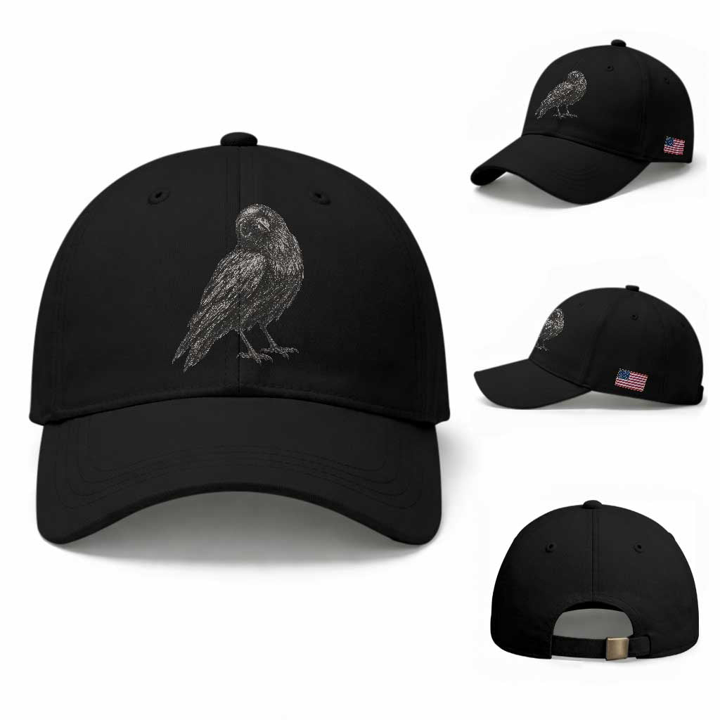 Curious Raven Crow Baseball Cap Vintage Dark Academia Gothic Black Bird Graphic TS10 Baseball Cap Universal Fit Black Print Your Wear