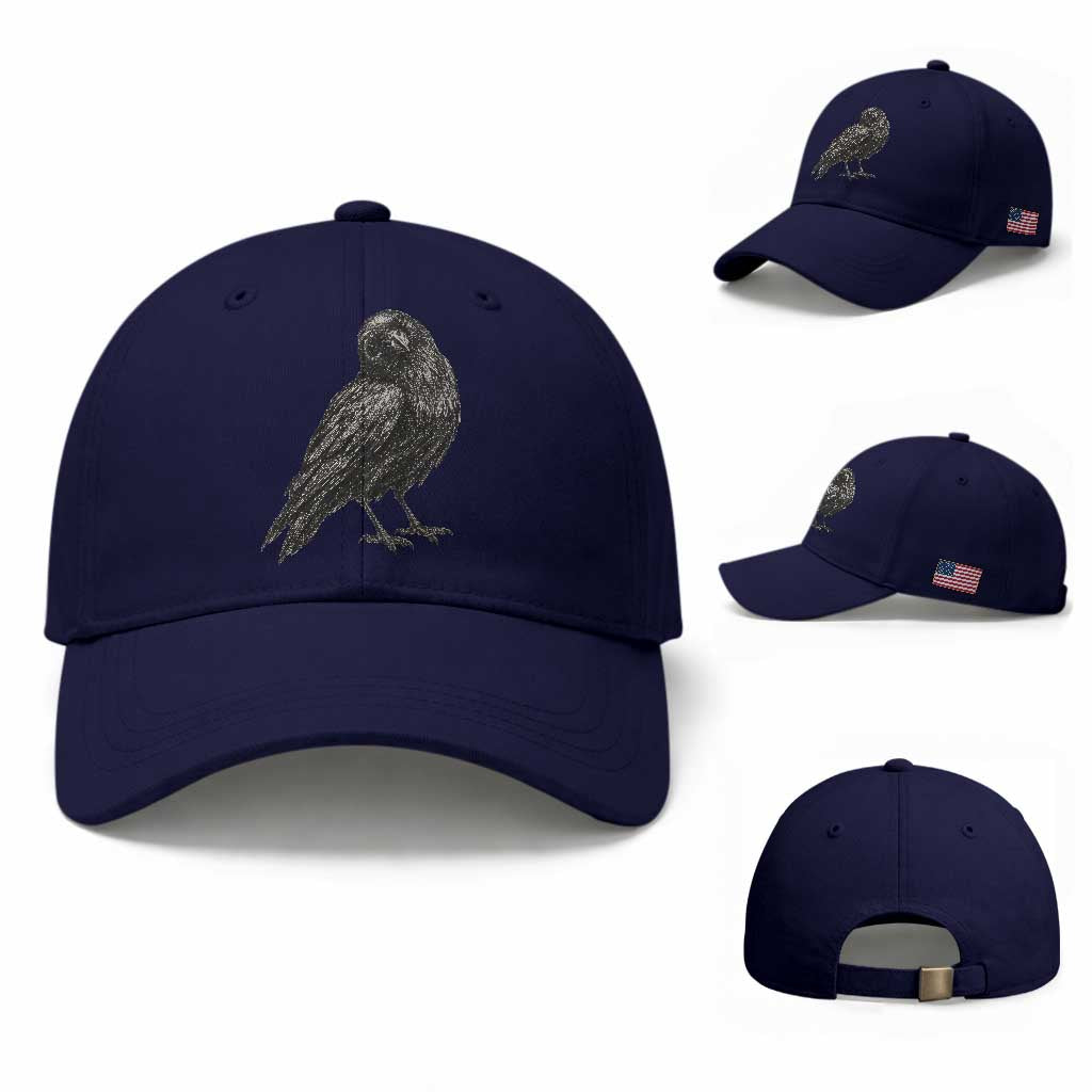 Curious Raven Crow Baseball Cap Vintage Dark Academia Gothic Black Bird Graphic TS10 Baseball Cap Universal Fit Dark Blue Print Your Wear