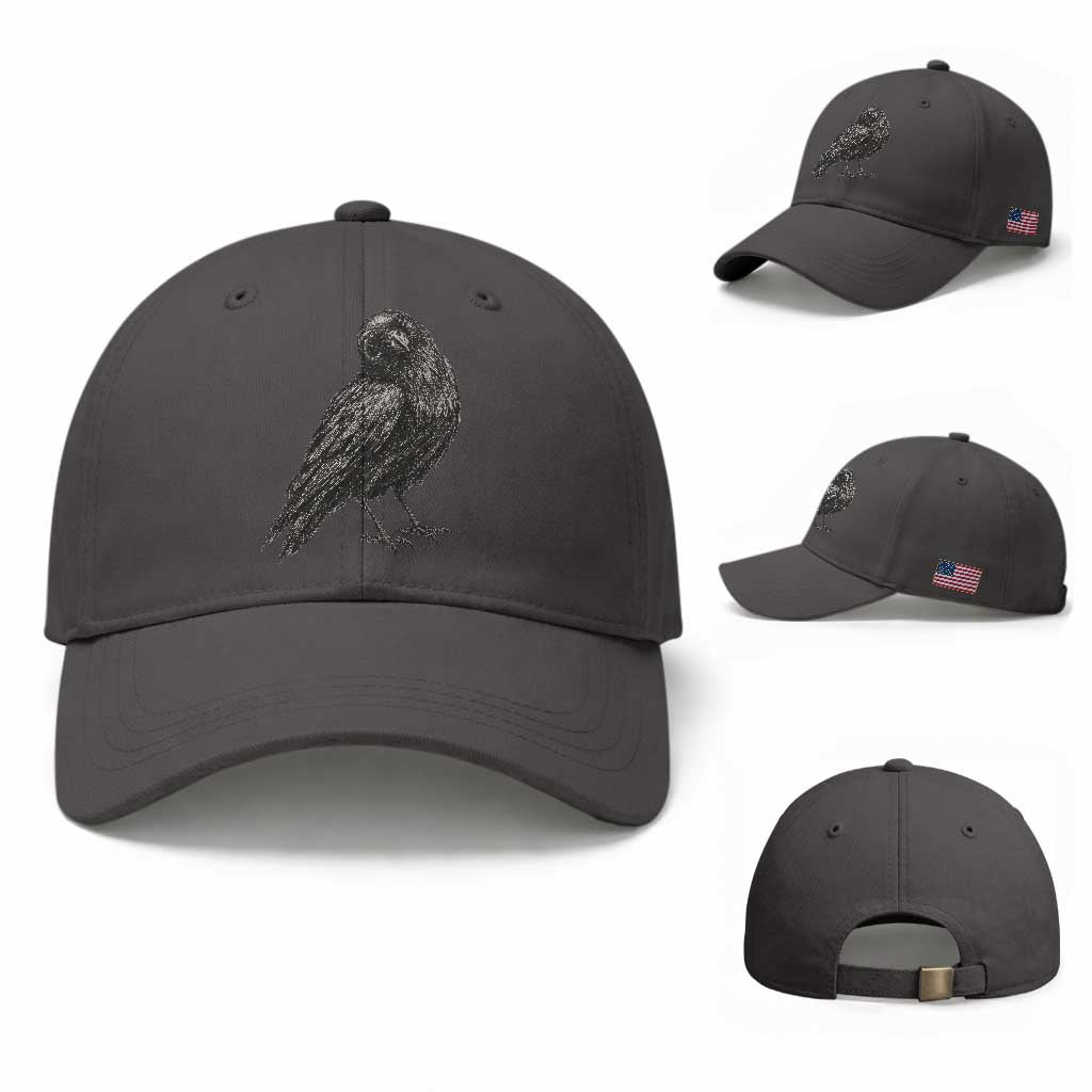 Curious Raven Crow Baseball Cap Vintage Dark Academia Gothic Black Bird Graphic TS10 Baseball Cap Universal Fit Dark Gray Print Your Wear