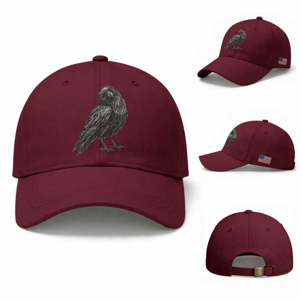 Curious Raven Crow Baseball Cap Vintage Dark Academia Gothic Black Bird Graphic TS10 Baseball Cap Universal Fit Maroon Print Your Wear