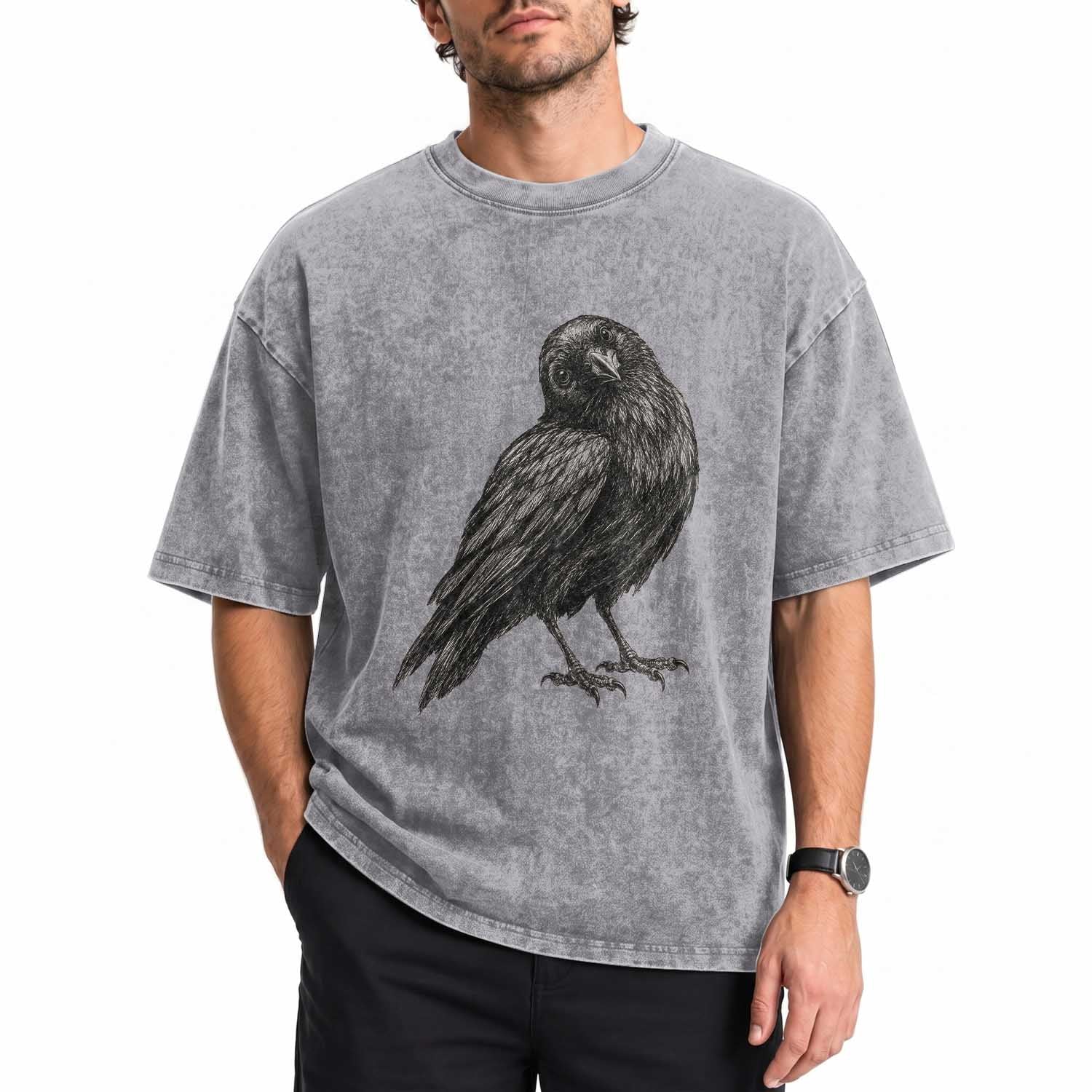 Curious Raven Crow Washed Cotton T-Shirt Vintage Dark Academia Gothic Black Bird Graphic