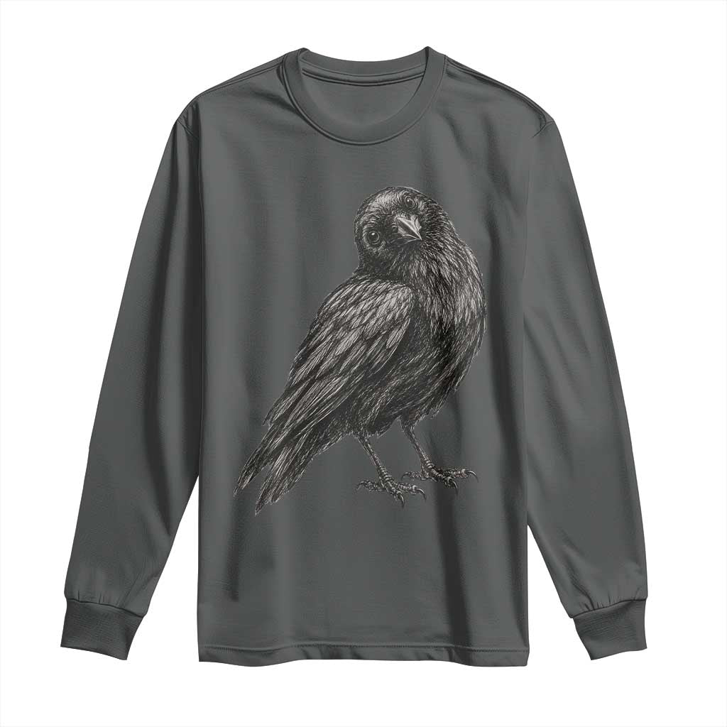 Curious Raven Crow Long Sleeve Shirt Vintage Dark Academia Gothic Black Bird Graphic TS10 Dark Heather Print Your Wear