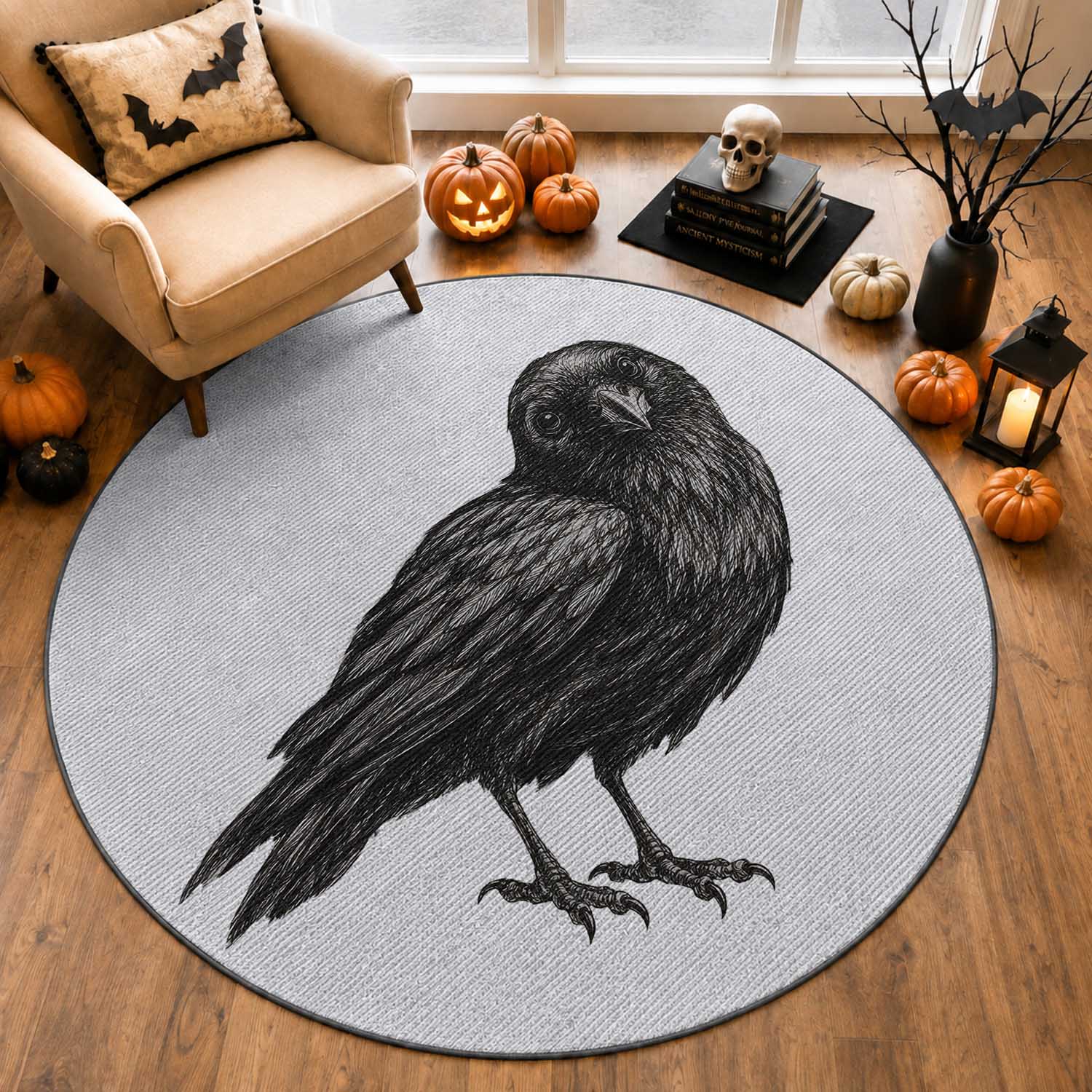 Curious Raven Crow Round Rug Vintage Dark Academia Gothic Black Bird Graphic