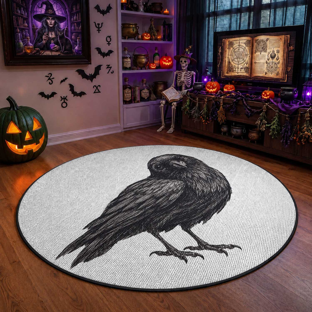 Curious Raven Crow Round Rug Vintage Dark Academia Gothic Black Bird Graphic