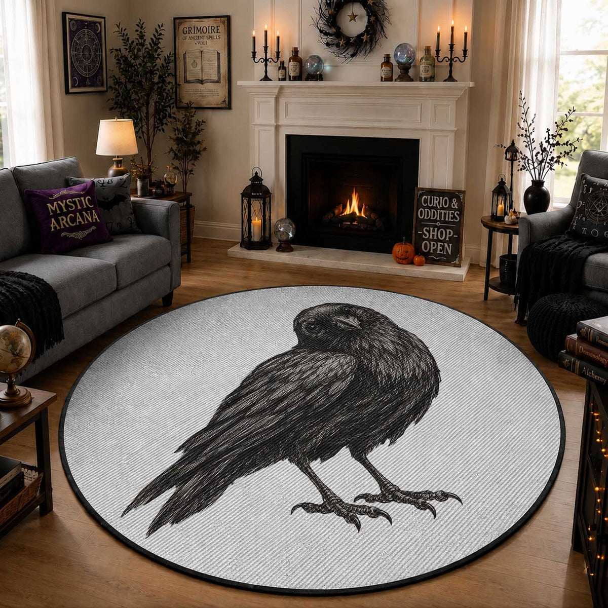 Curious Raven Crow Round Rug Vintage Dark Academia Gothic Black Bird Graphic