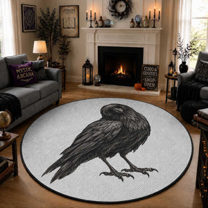 Curious Raven Crow Round Rug Vintage Dark Academia Gothic Black Bird Graphic