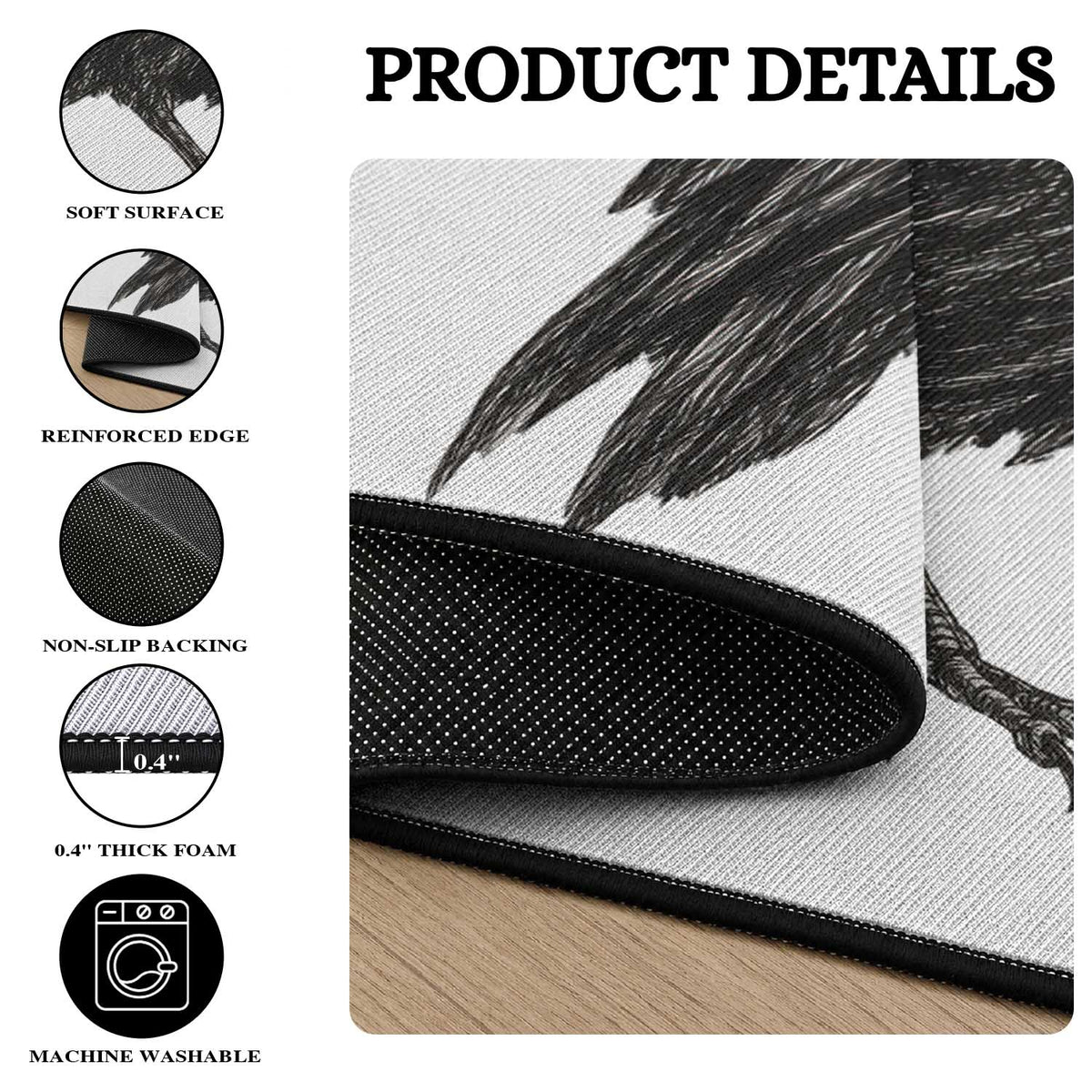 Curious Raven Crow Round Rug Vintage Dark Academia Gothic Black Bird Graphic