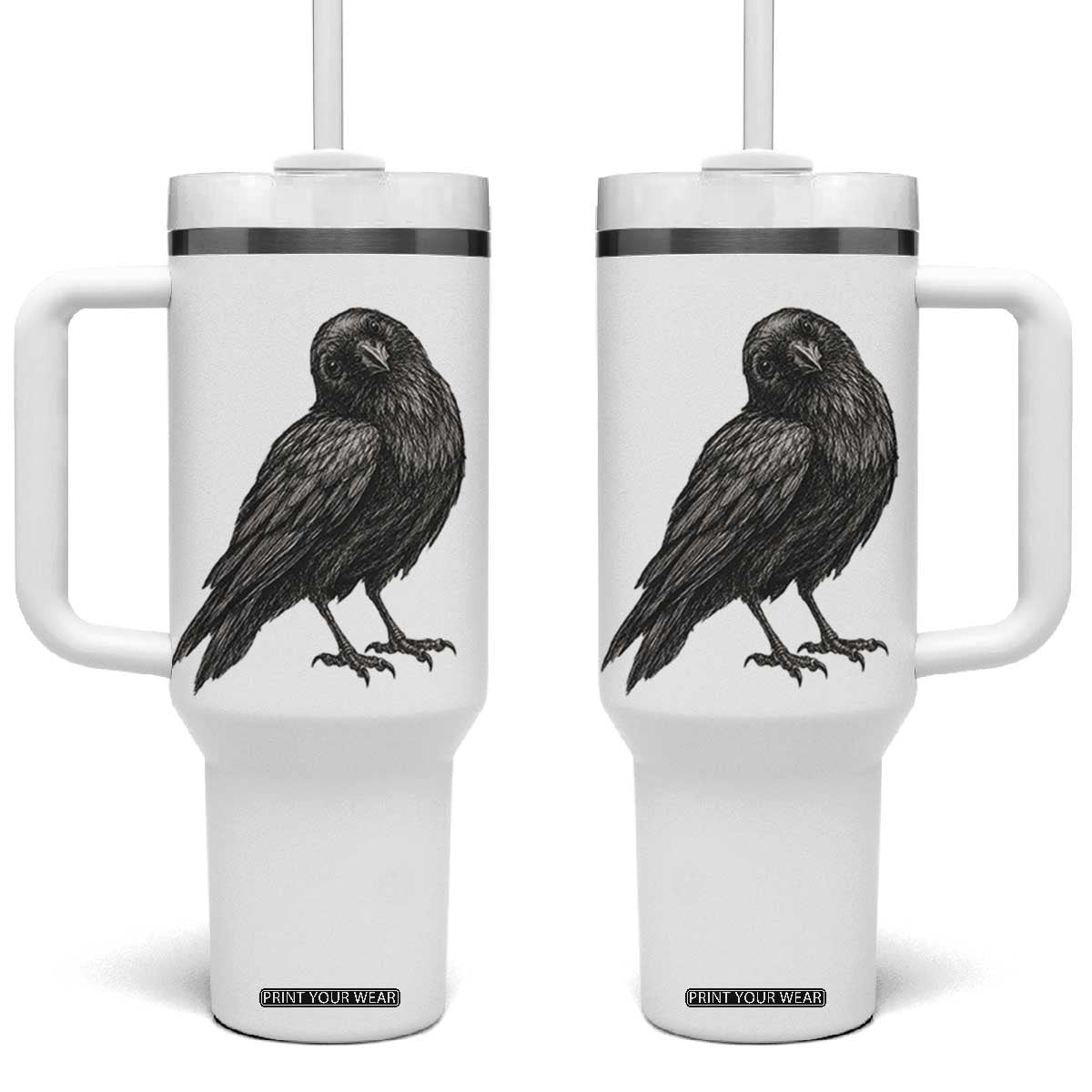 Curious Raven Crow Tumbler With Handle Vintage Dark Academia Gothic Black Bird Graphic TS10 One Size: 40 oz White Print Your Wear