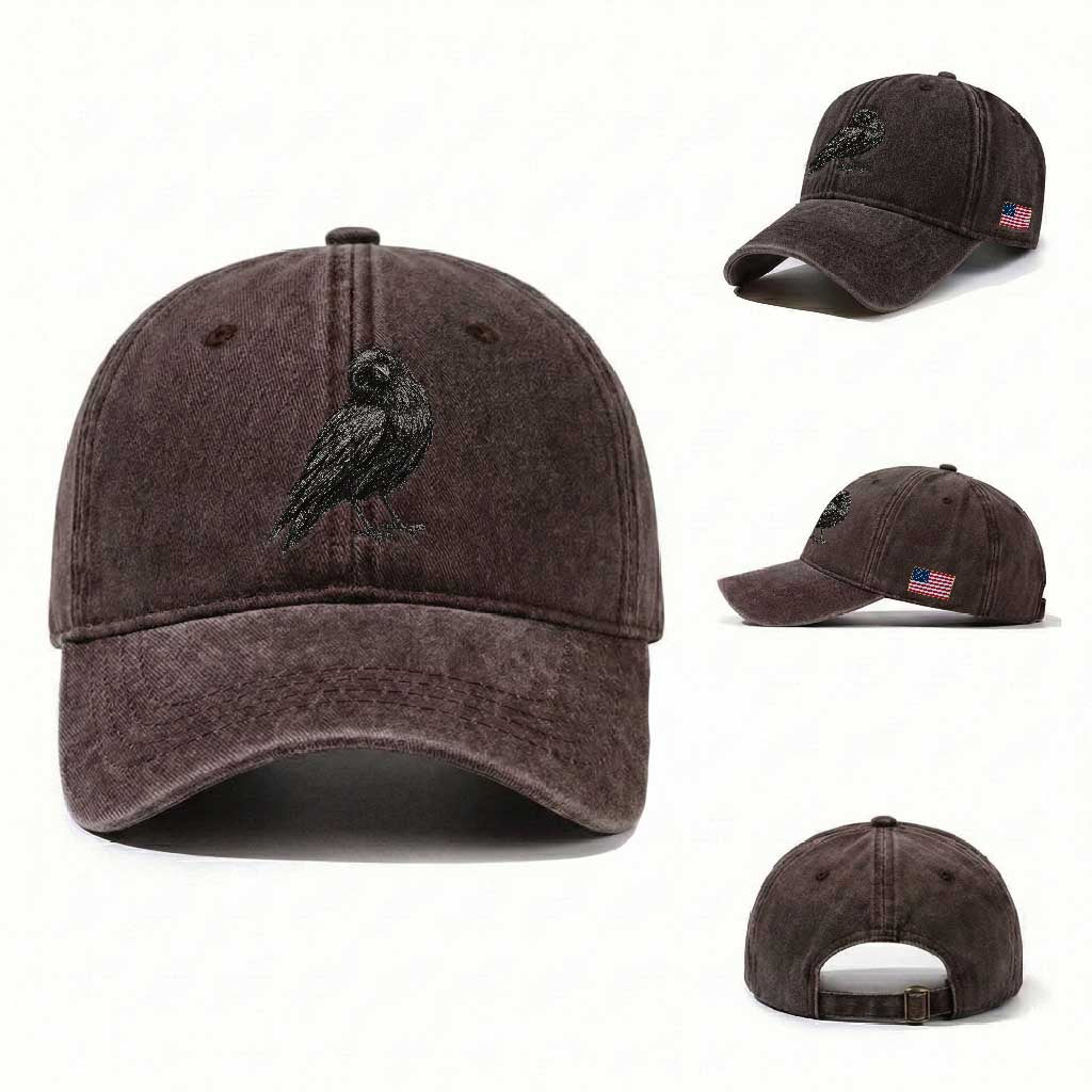 Curious Raven Crow Washed Cotton Baseball Cap Vintage Dark Academia Gothic Black Bird Graphic TS10 Washed Cap Universal Fit Dark Brown Print Your Wear
