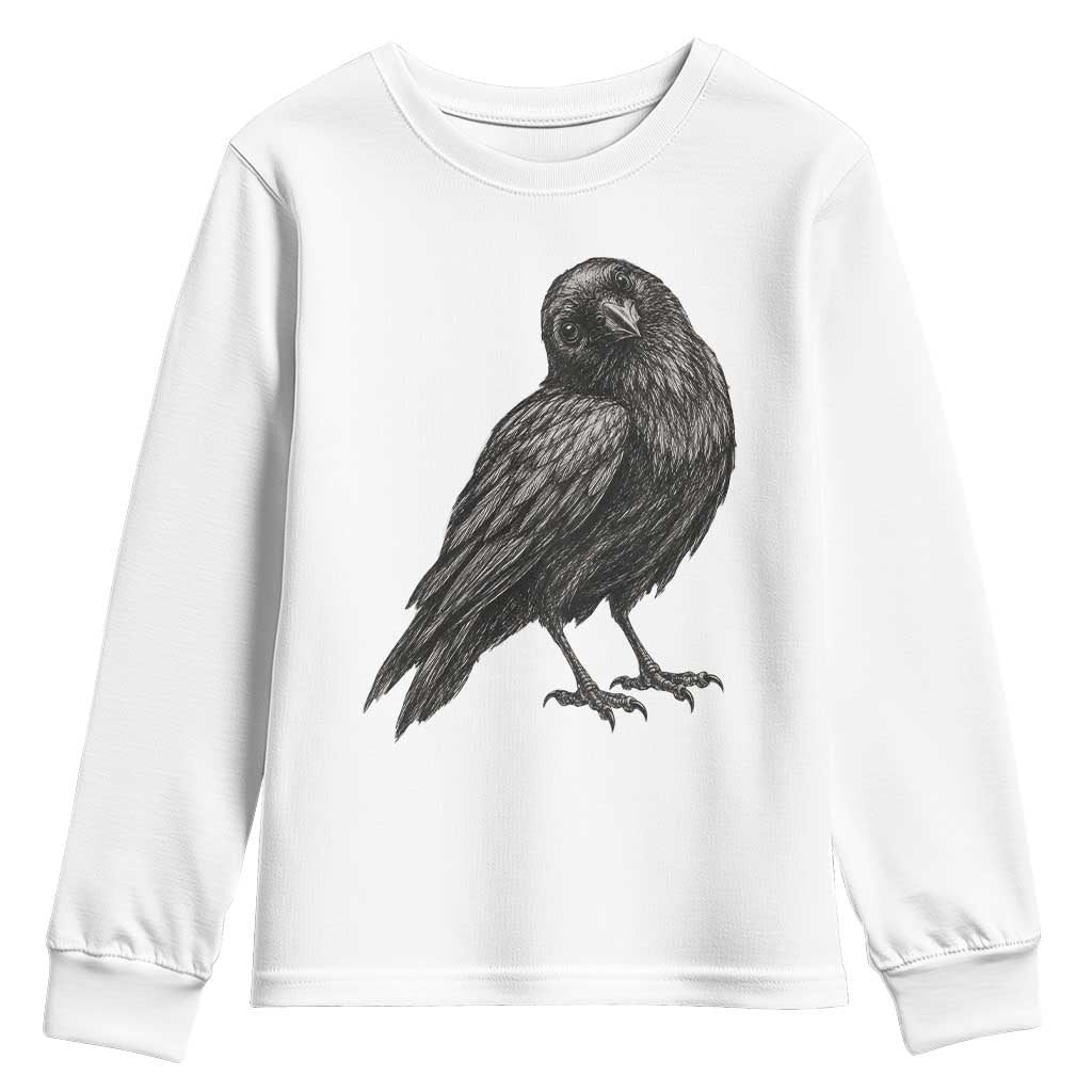 Curious Raven Crow Youth Sweatshirt Vintage Dark Academia Gothic Black Bird Graphic TS10 White Print Your Wear