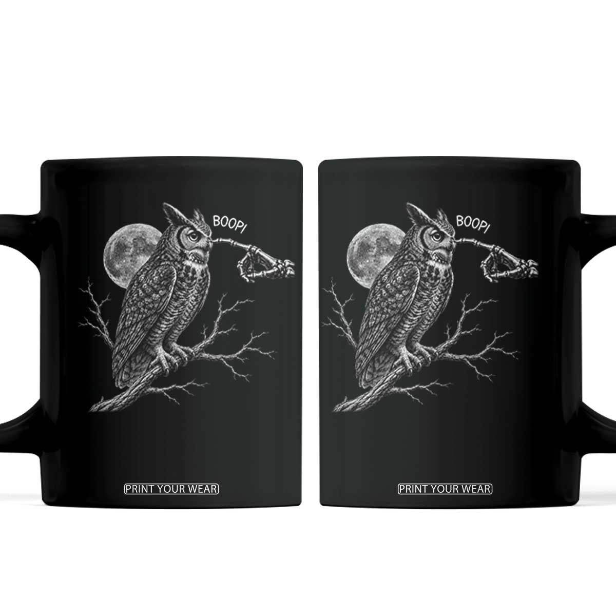Skeleton Hand Boop Owl Coffee Mug Funny Spooky Halloween Moon Graphic TS10 Black Print Your Wear