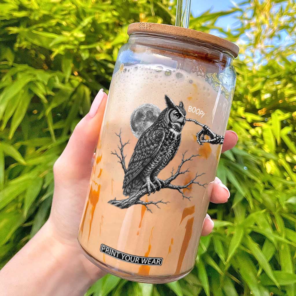 Skeleton Hand Boop Owl Glass Can Funny Spooky Halloween Moon Graphic TS10 Black Print Your Wear
