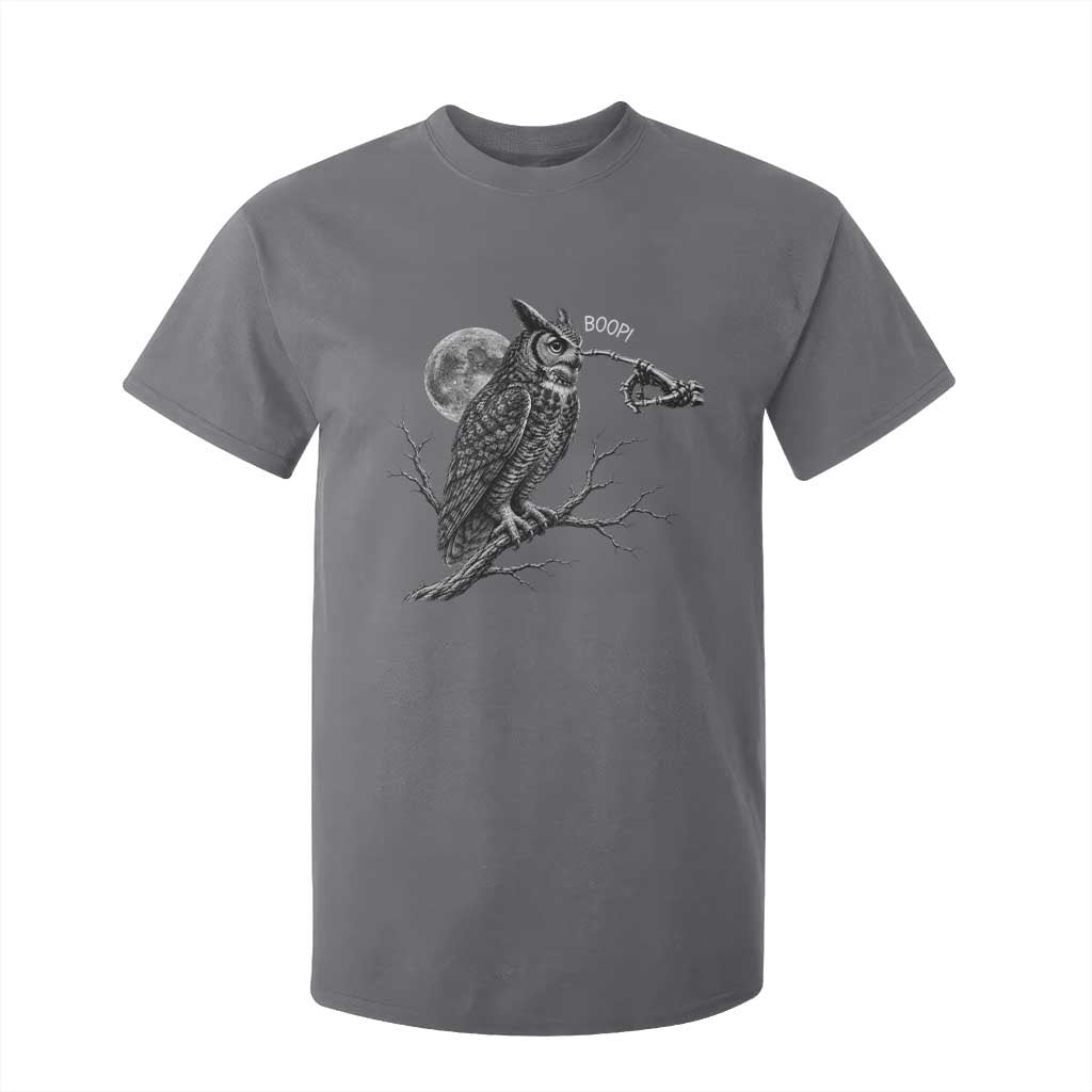 Skeleton Hand Boop Owl T Shirt For Kid Funny Spooky Halloween Moon Graphic TS10 Charcoal Print Your Wear