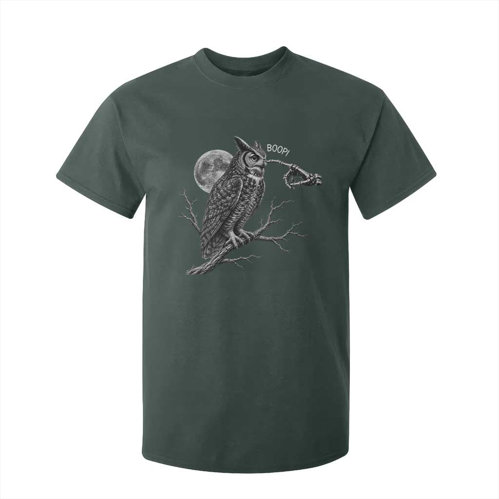 Skeleton Hand Boop Owl T Shirt For Kid Funny Spooky Halloween Moon Graphic TS10 Dark Forest Green Print Your Wear