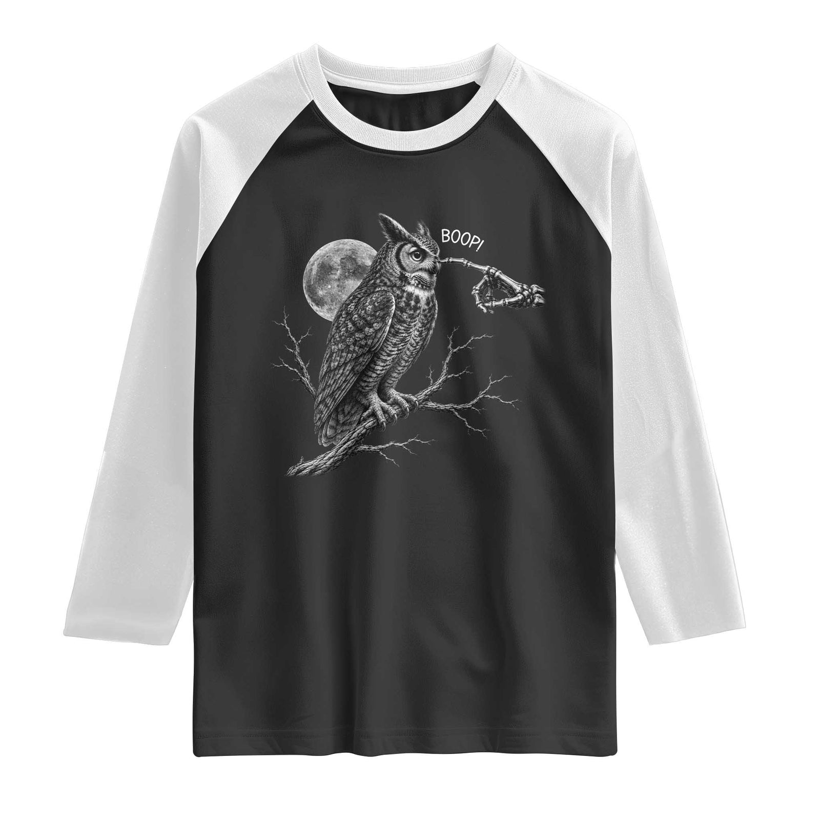 Skeleton Hand Boop Owl Raglan Shirt Funny Spooky Halloween Moon Graphic TS10 Black White Print Your Wear