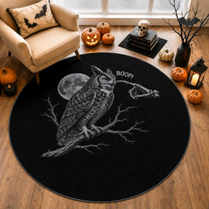Skeleton Hand Boop Owl Round Rug Funny Spooky Halloween Moon Graphic
