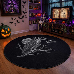 Skeleton Hand Boop Owl Round Rug Funny Spooky Halloween Moon Graphic