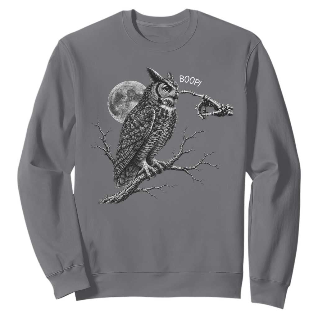 Skeleton Hand Boop Owl Sweatshirt Funny Spooky Halloween Moon Graphic TS10 Charcoal Print Your Wear