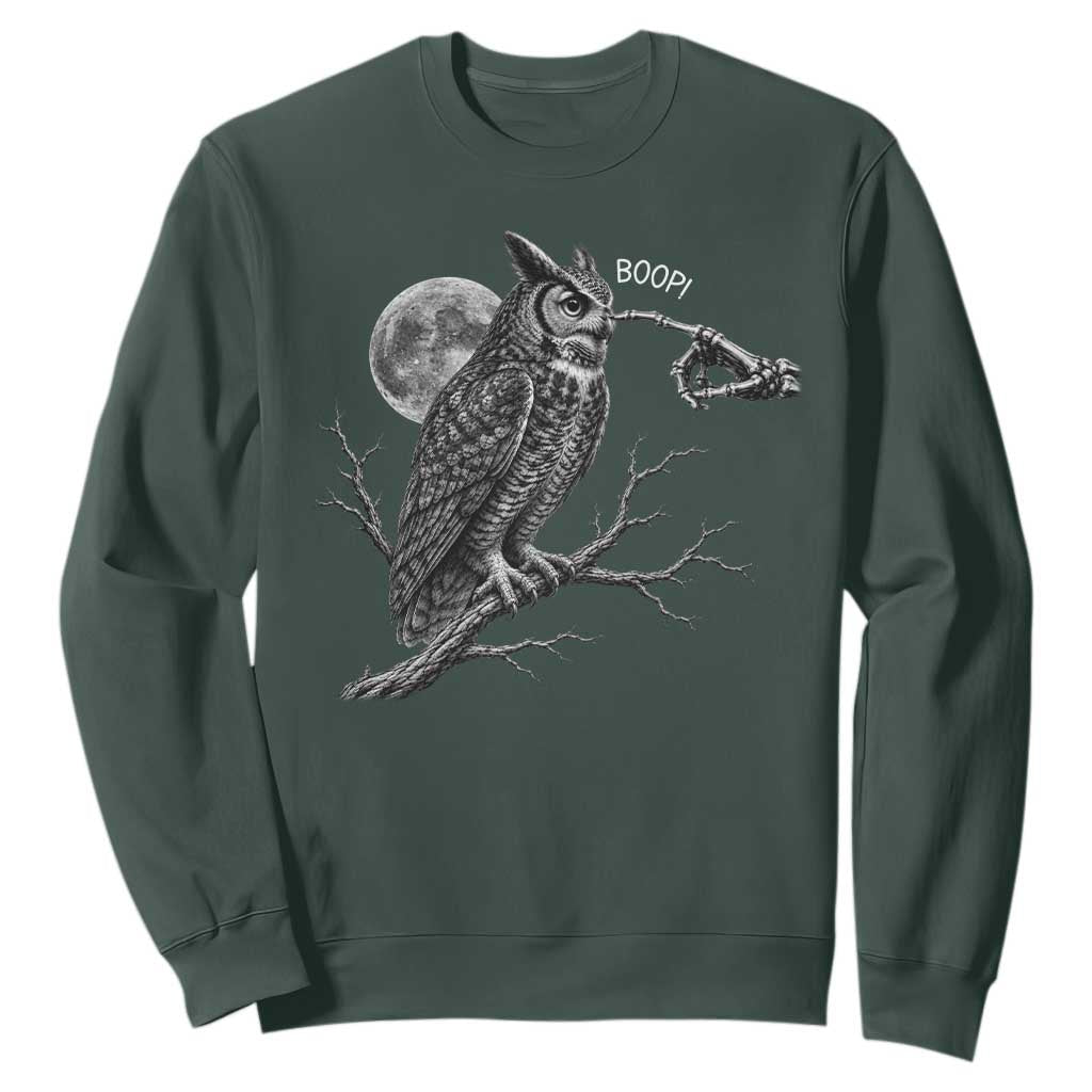 Skeleton Hand Boop Owl Sweatshirt Funny Spooky Halloween Moon Graphic TS10 Dark Forest Green Print Your Wear