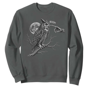 Skeleton Hand Boop Owl Sweatshirt Funny Spooky Halloween Moon Graphic TS10 Dark Heather Print Your Wear