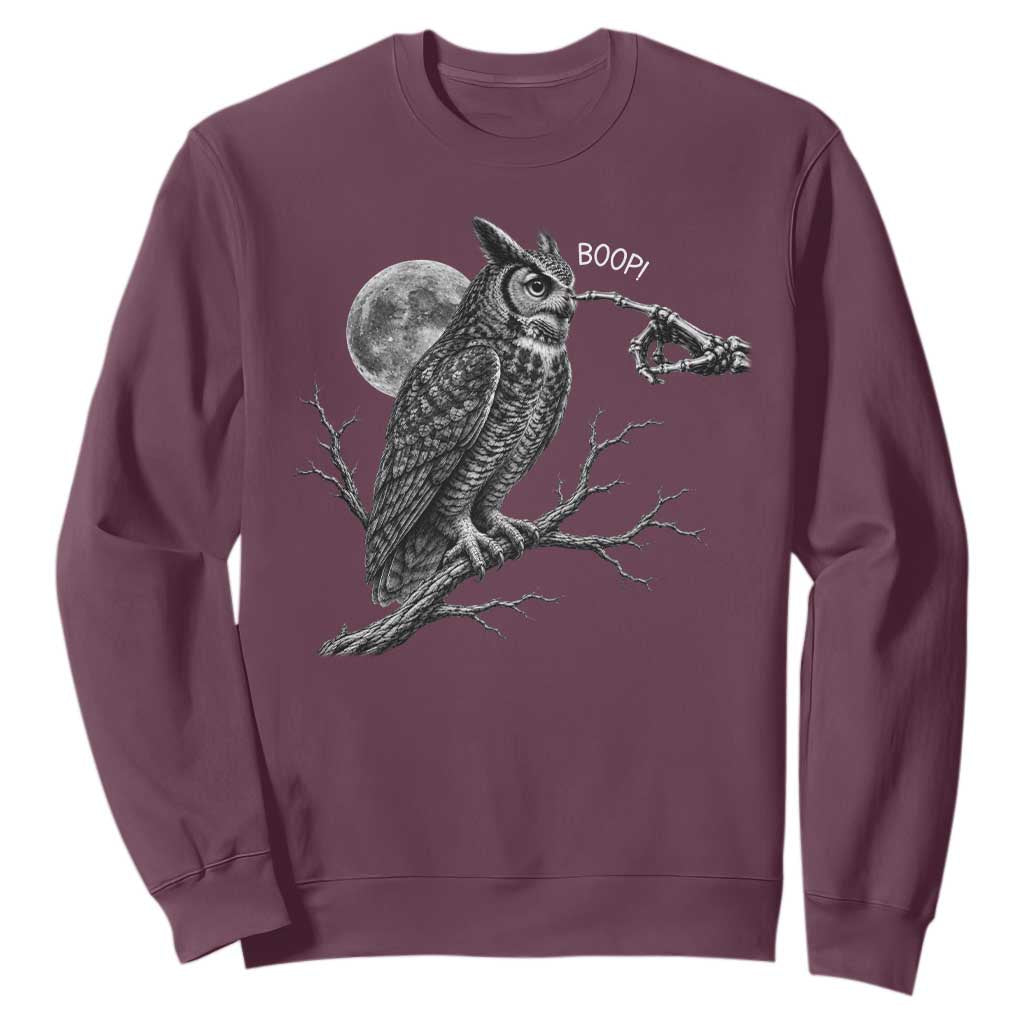 Skeleton Hand Boop Owl Sweatshirt Funny Spooky Halloween Moon Graphic TS10 Maroon Print Your Wear