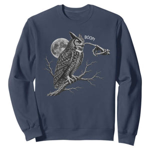 Skeleton Hand Boop Owl Sweatshirt Funny Spooky Halloween Moon Graphic TS10 Navy Print Your Wear