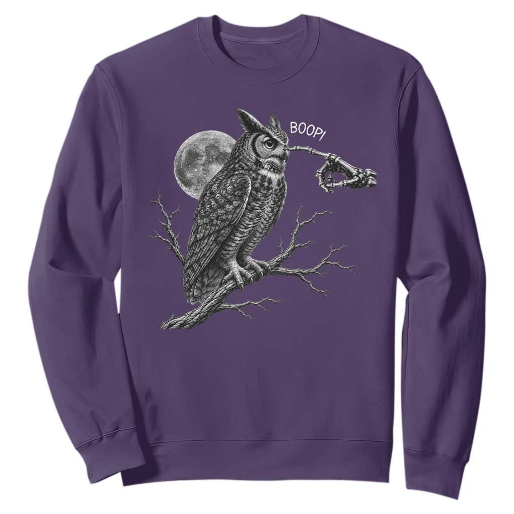 Skeleton Hand Boop Owl Sweatshirt Funny Spooky Halloween Moon Graphic TS10 Purple Print Your Wear