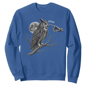 Skeleton Hand Boop Owl Sweatshirt Funny Spooky Halloween Moon Graphic TS10 Royal Blue Print Your Wear