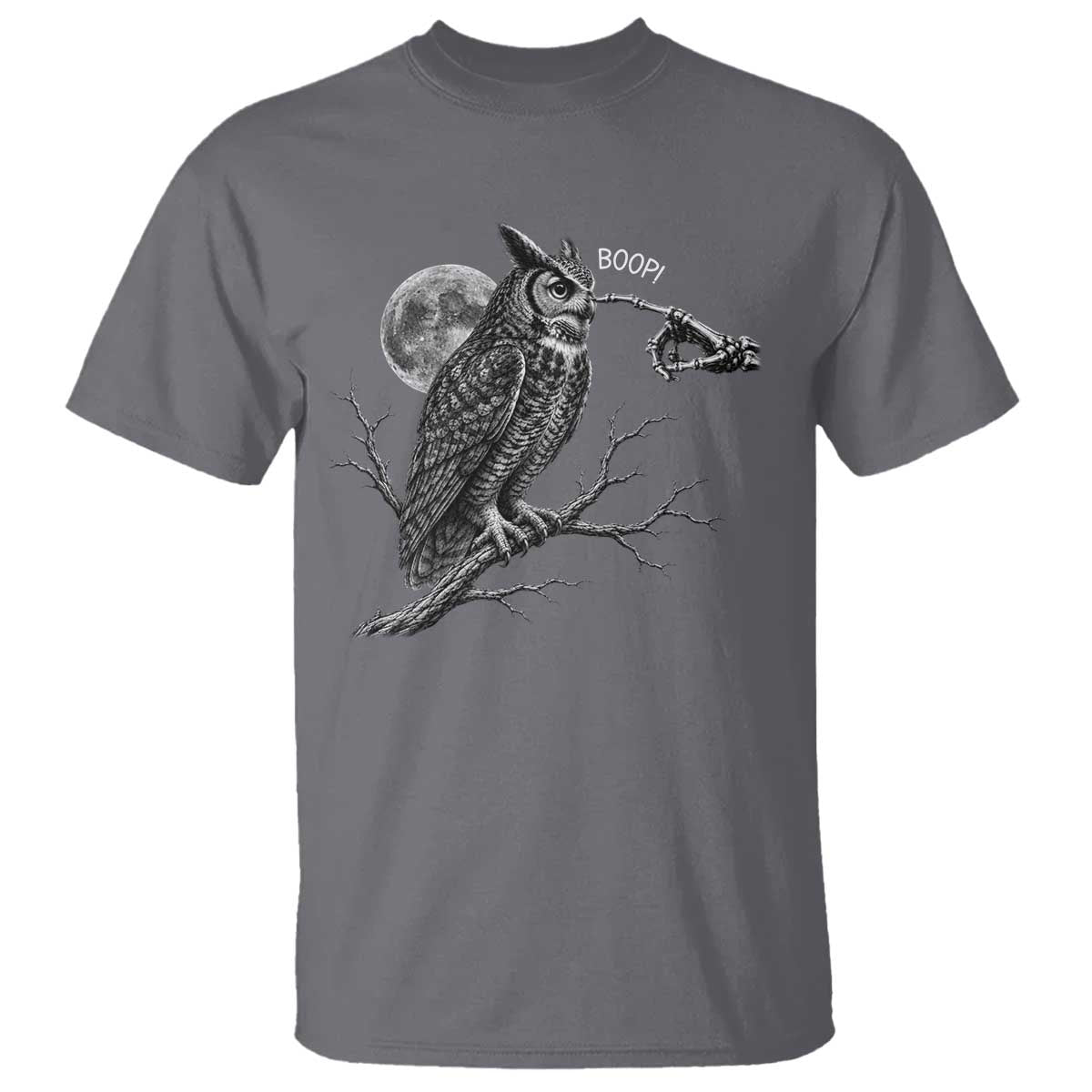 Skeleton Hand Boop Owl T Shirt Funny Spooky Halloween Moon Graphic TS10 Charcoal Print Your Wear