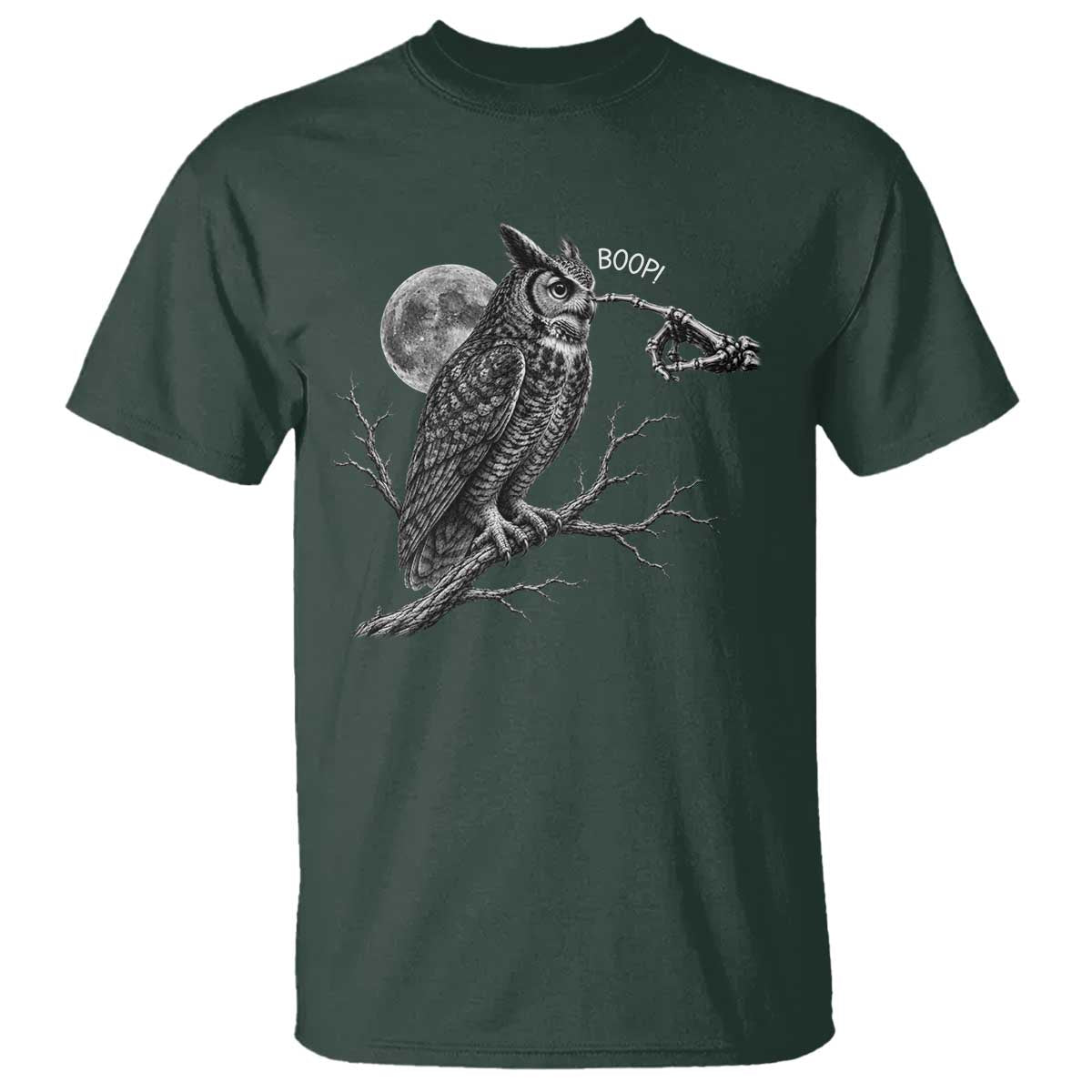 Skeleton Hand Boop Owl T Shirt Funny Spooky Halloween Moon Graphic TS10 Dark Forest Green Print Your Wear