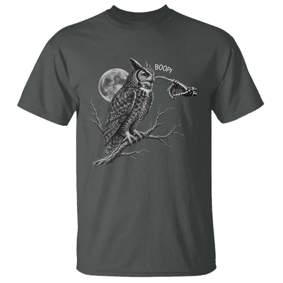 Skeleton Hand Boop Owl T Shirt Funny Spooky Halloween Moon Graphic TS10 Dark Heather Print Your Wear