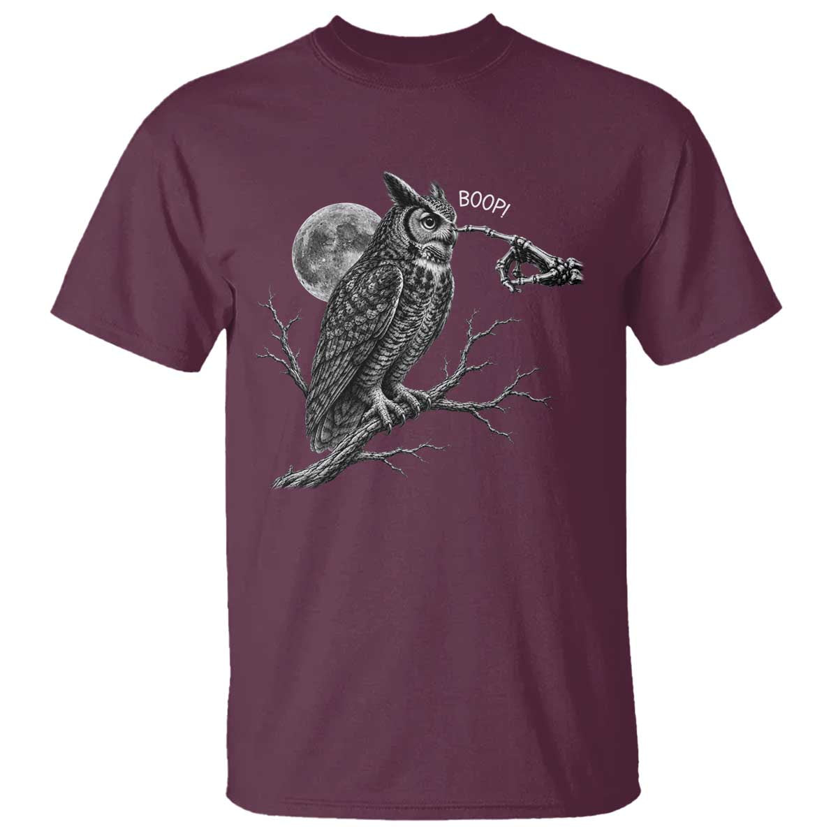 Skeleton Hand Boop Owl T Shirt Funny Spooky Halloween Moon Graphic TS10 Maroon Print Your Wear