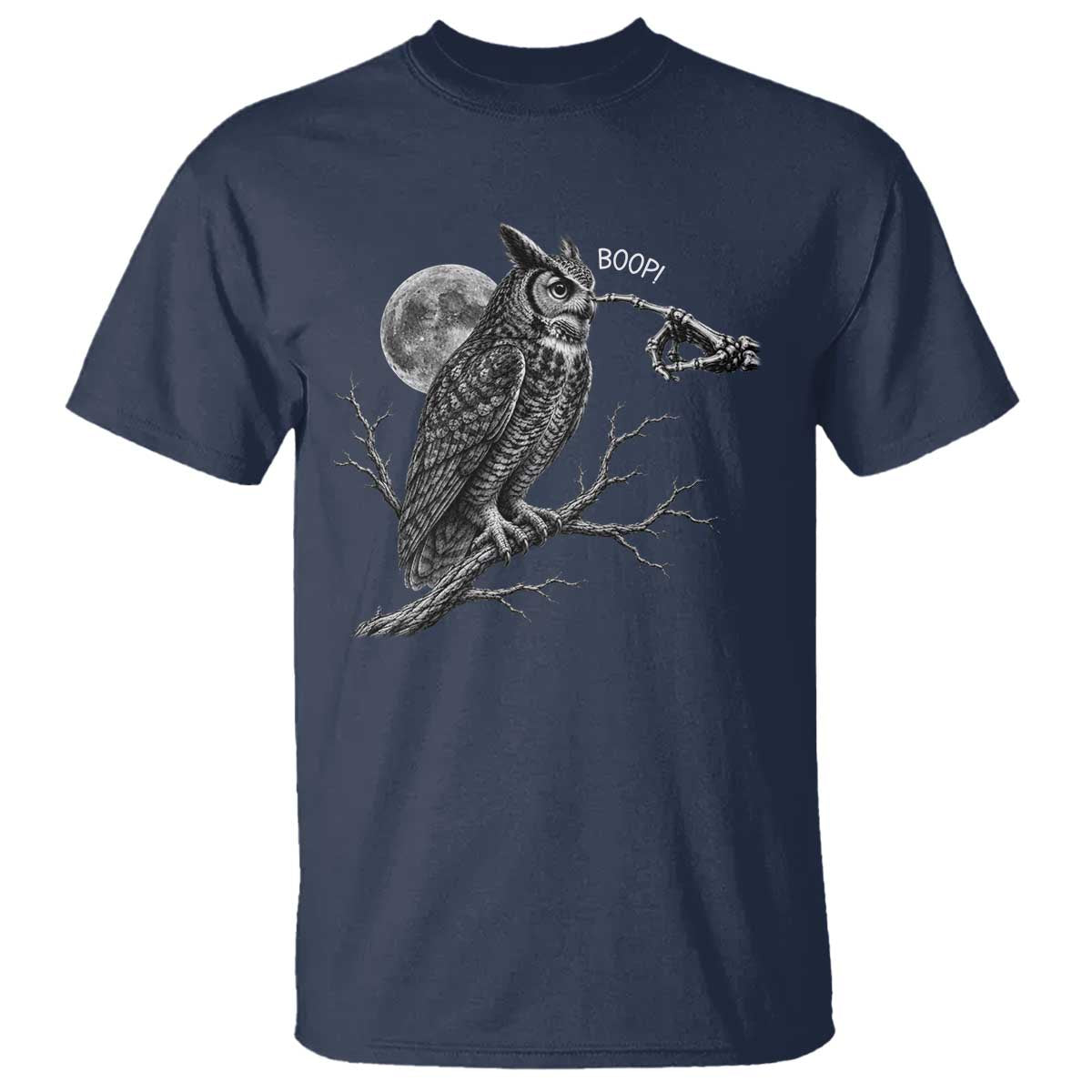 Skeleton Hand Boop Owl T Shirt Funny Spooky Halloween Moon Graphic TS10 Navy Print Your Wear