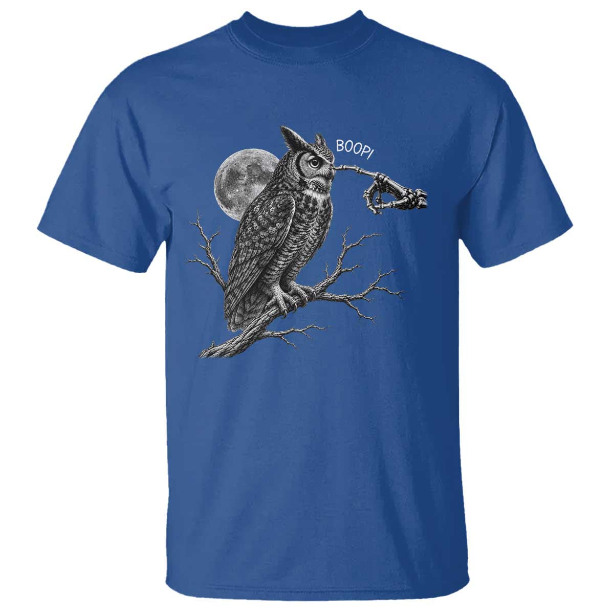 Skeleton Hand Boop Owl T Shirt Funny Spooky Halloween Moon Graphic TS10 Royal Blue Print Your Wear