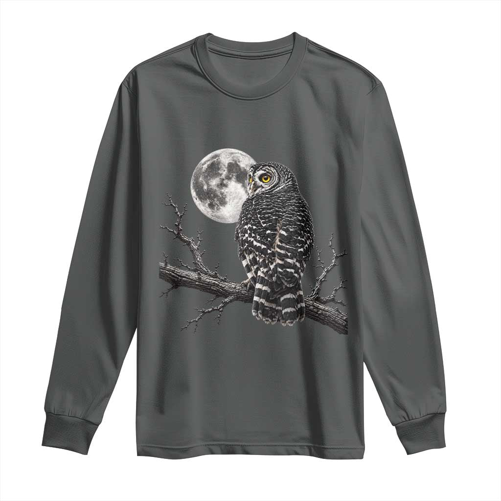 Owl Full Moon Graphic Long Sleeve Shirt Vintage Dark Academia Bird TS10 Dark Heather Print Your Wear