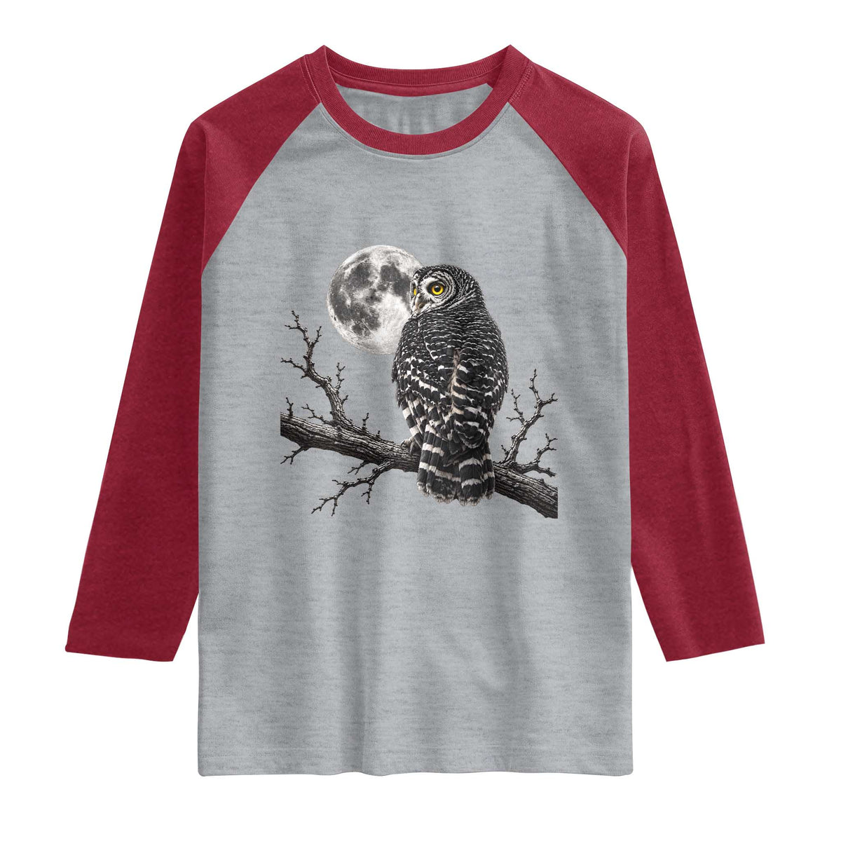 Owl Full Moon Graphic Raglan Shirt Vintage Dark Academia Bird TS10 Heather Gray Heather Red Print Your Wear