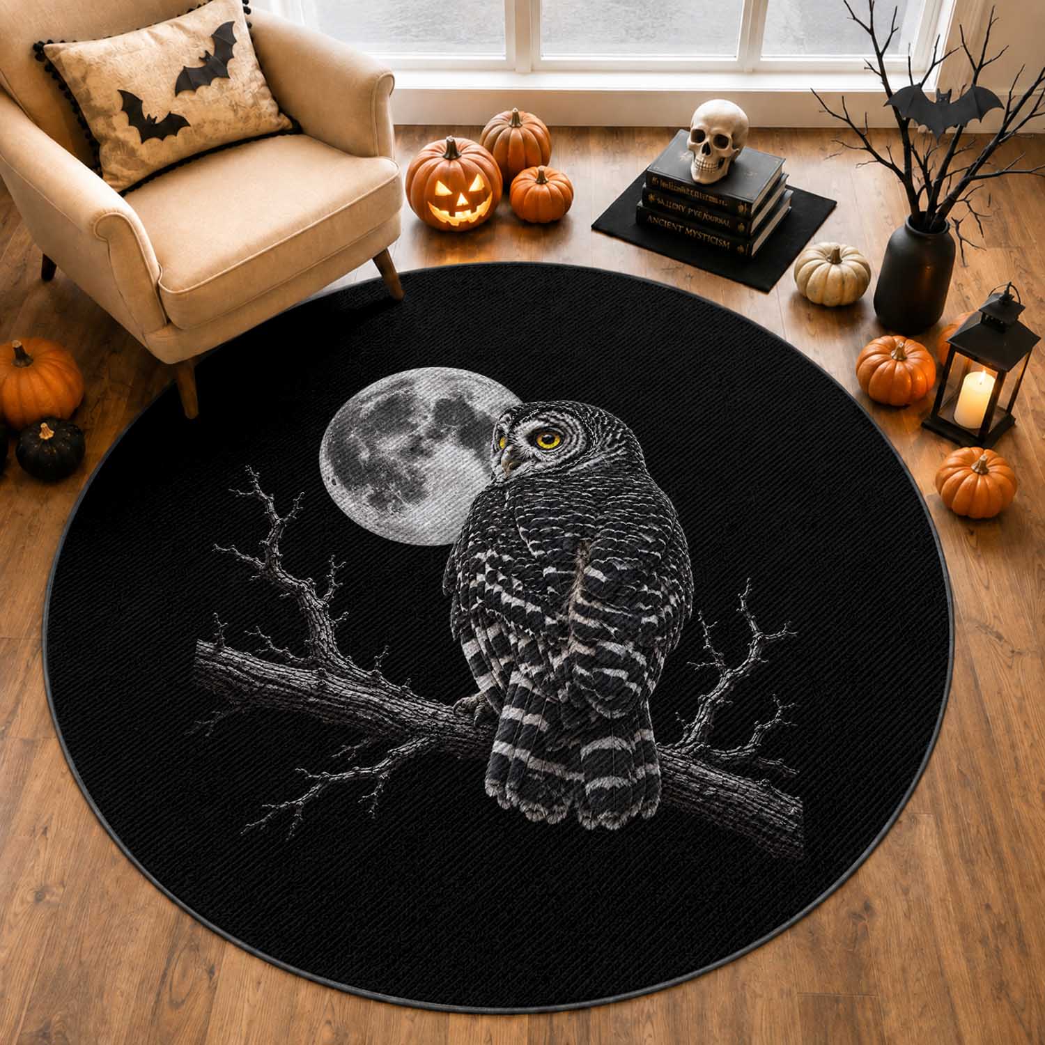 Owl Full Moon Graphic Round Rug Vintage Dark Academia Bird