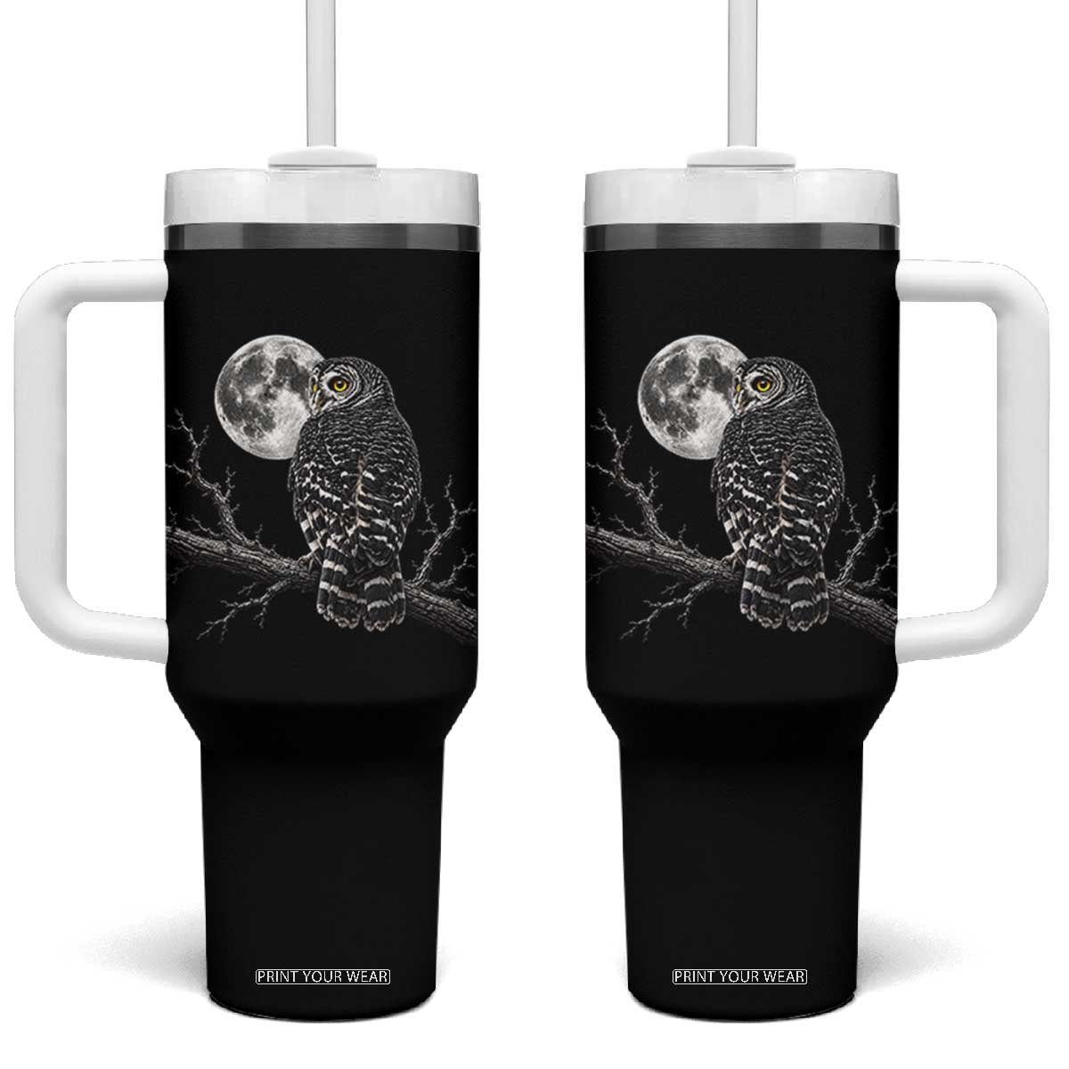Owl Full Moon Graphic Tumbler With Handle Vintage Dark Academia Bird TS10 One Size: 40 oz Black Print Your Wear