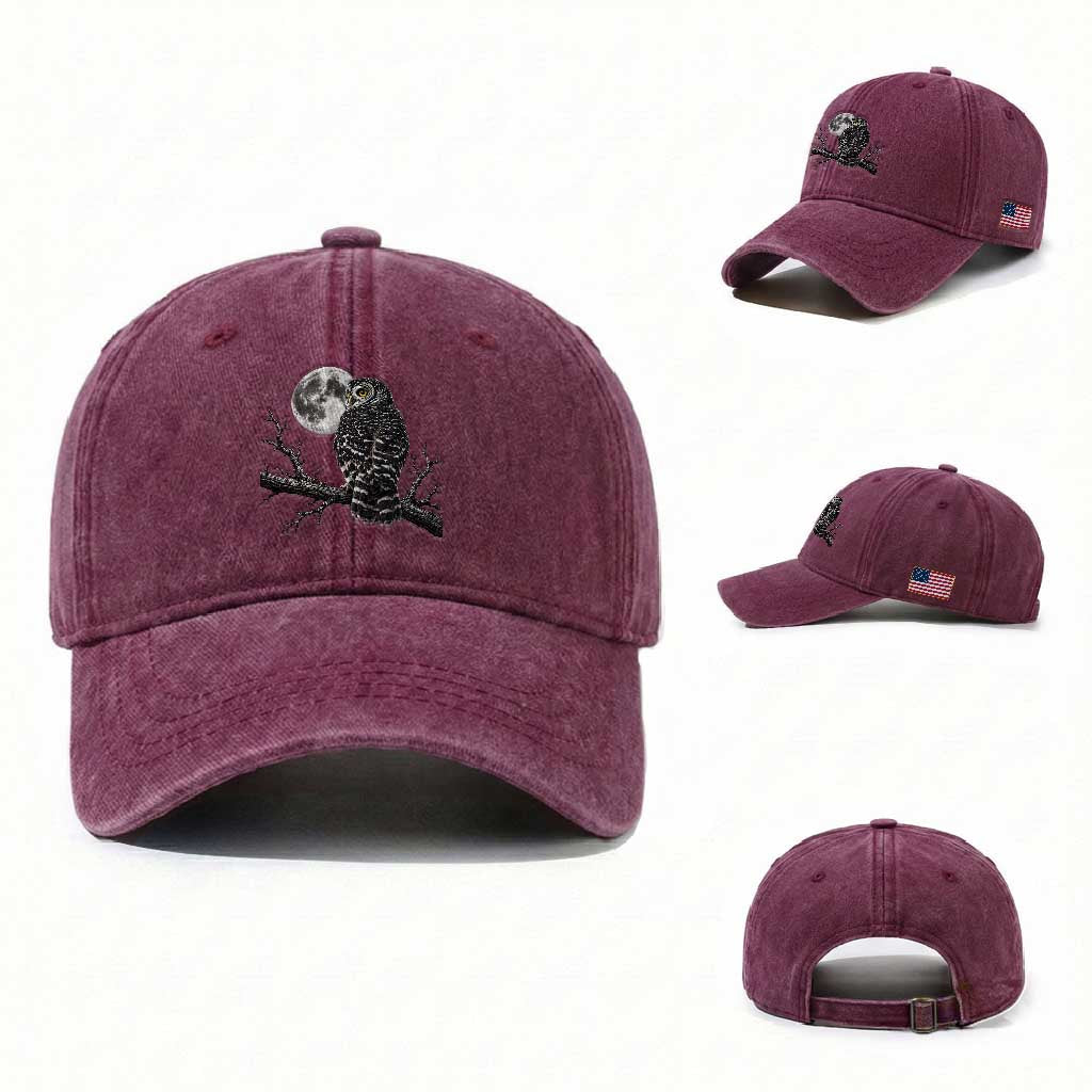Owl Full Moon Graphic Washed Cotton Baseball Cap Vintage Dark Academia Bird TS10 Washed Cap Universal Fit Burgundy Print Your Wear