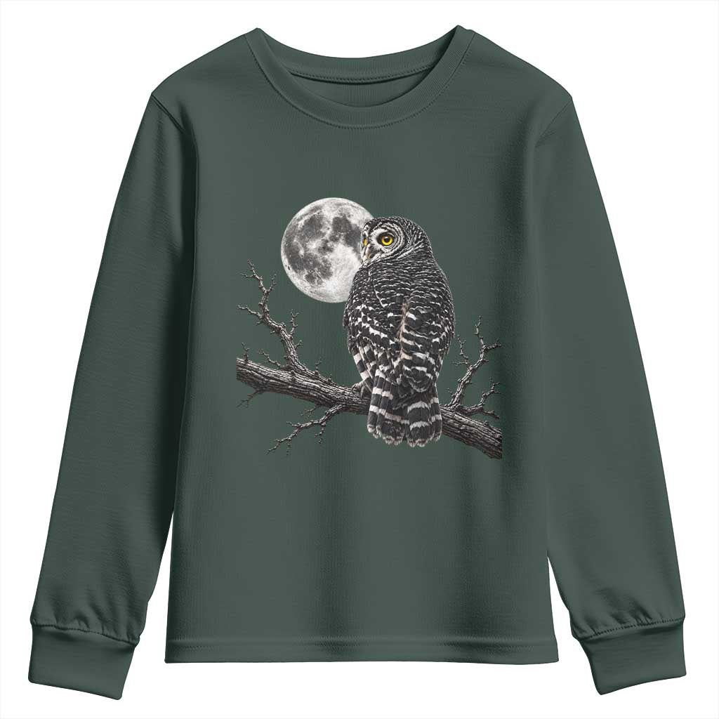 Owl Full Moon Graphic Youth Sweatshirt Vintage Dark Academia Bird TS10 Dark Forest Green Print Your Wear