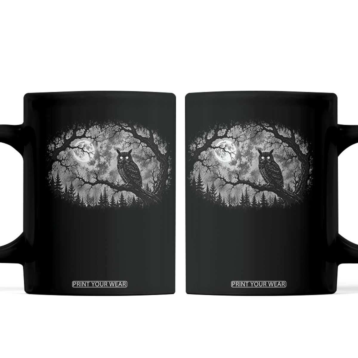 Gothic Owl Full Moon Forest Vintage Coffee Mug Monochromatic Dark Fantasy Night Bird Aesthetic