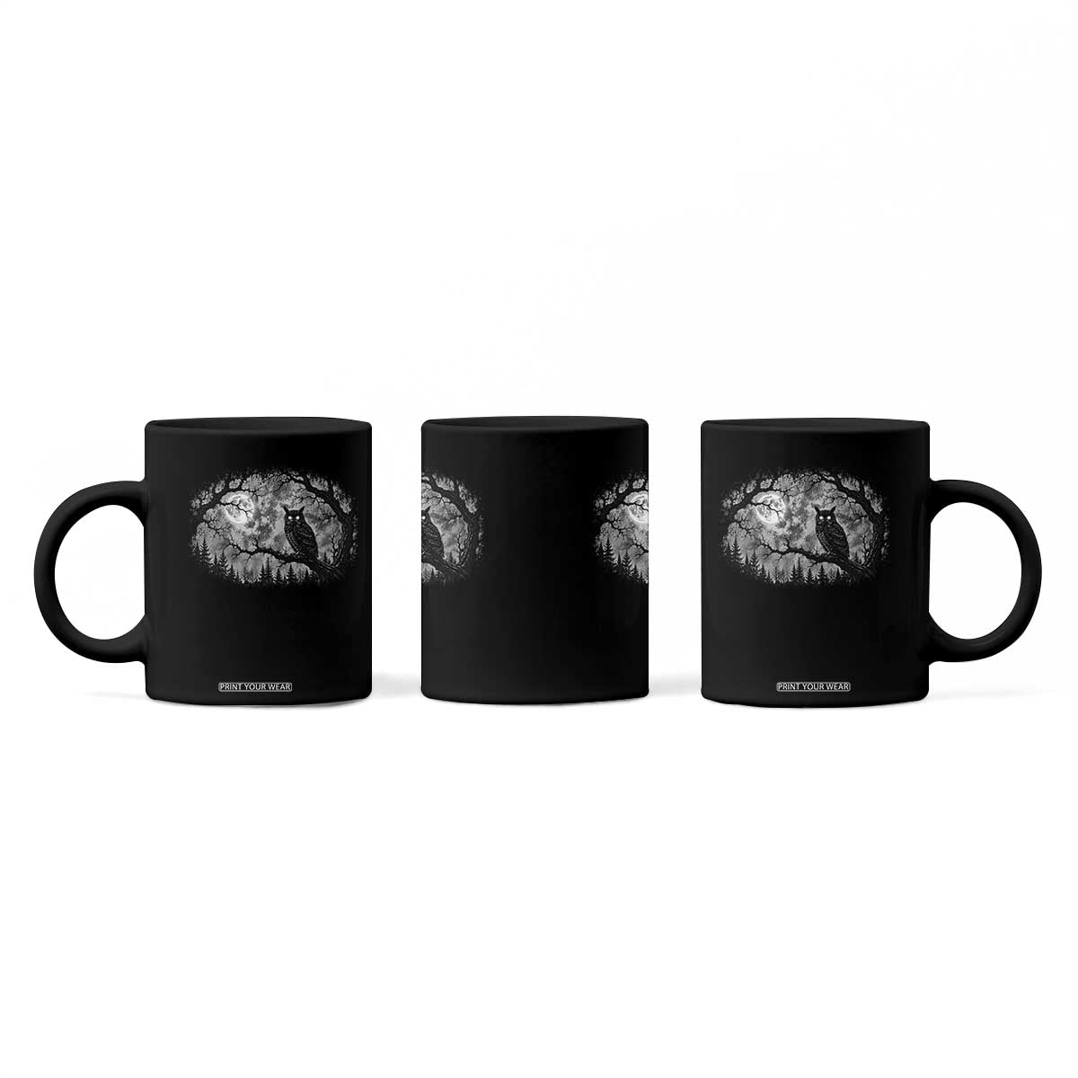 Gothic Owl Full Moon Forest Vintage Coffee Mug Monochromatic Dark Fantasy Night Bird Aesthetic